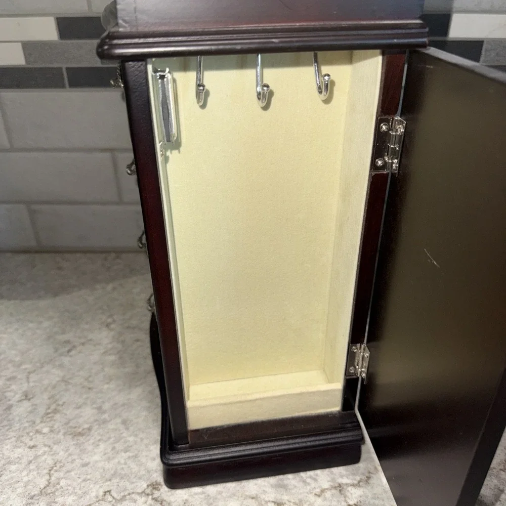 Vintage Mahogany Wood Jewelry Box Chest 4 Drawer Side Doors Mirror 13X10.5 In